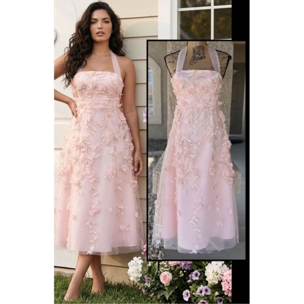 Lulus Effortlessly Sweet Blush Tulle #D Floral Tie-Strap Midi Dress Size S